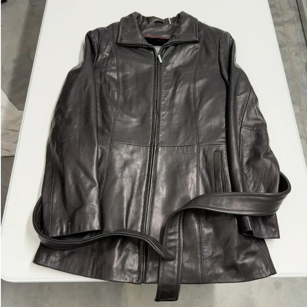 Wilsons Leather Womens Black Zip Front Belted Jacket Removable Faux Fur Lining M